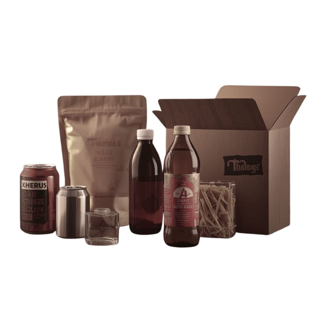 Mehrere Verpackungen, darunter Doypacks, Kartons, Flaschen und Dosen, in einem Dunklen Design.