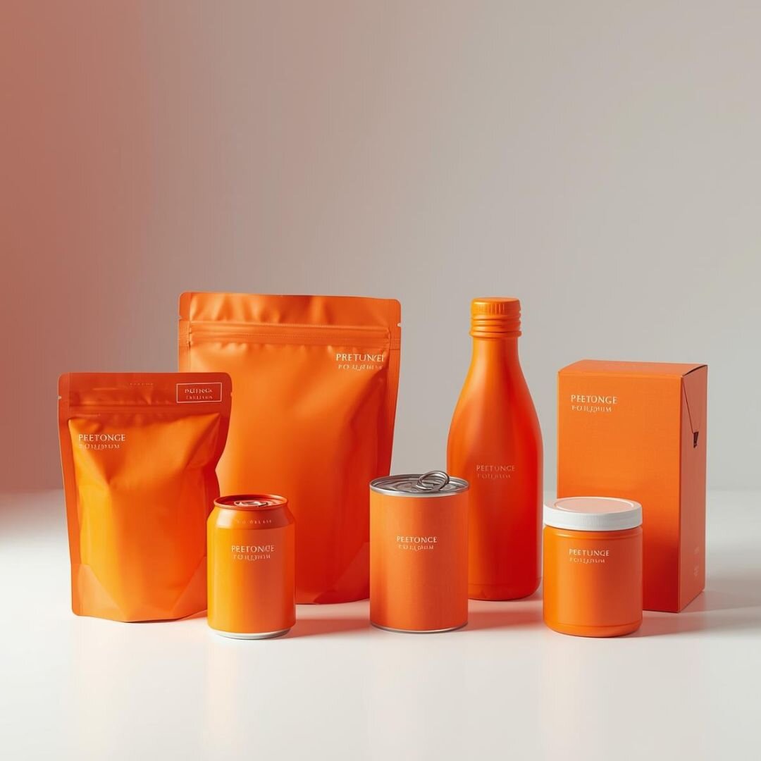 Verschiedene Verpackungen in einem Orangen Design, darunter Dosen, Doypacks, Kartons und Flaschen.