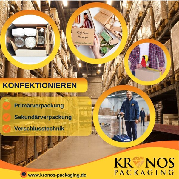 Ein Lager im Hintergrund, davor steht Konfektionieren und 4 runde Kacheln ergänzen die Grafik mit einem Verandkarton, einer Hand die verpackt , ein Oberkörper der ein Paket zuklebt und ein Lagermitarbeiter mit einer fertigen Palette
