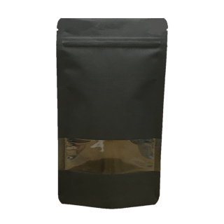Standbodenbeutel Kraftpapier schwarz mit Druckverschluss & Fensterstreifen 500 ml / 100 g