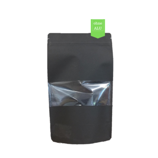 Doypack Kraftpapier schwarz mit Druckverschluss & Fensterstreifen 1000 ml / 500 g