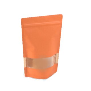 Doypack Kraftpapier orange mit Druckverschluss & Fensterstreifen