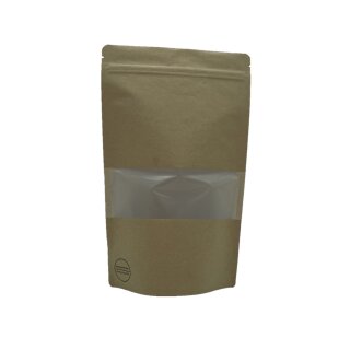 PLA Standbodenbeutel Kraftpapier braun mit Druckverschluss und Fensterstreifen