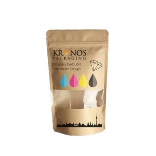 Doypack Kraftpapier braun mit Druckverschluss & Fensterstreifen 500 ml - mit Ihrem Design einseitig bedruckt